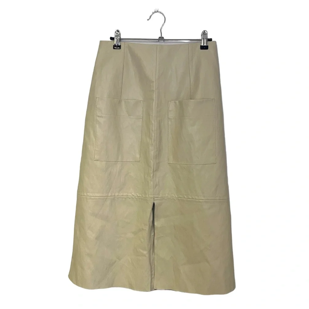 Mijeong Park Cream Faux Leather Midi Skirt Middle Slit XS - Picture 2 of 9